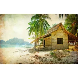 Fototapete PAPERMOON "PALMEN-STRAND-RETRO VINTAGE KARIBIK SÜDSEE MEER DÜNEN", bunt, B:4,00m L:2,60m, Vlies, Tapeten