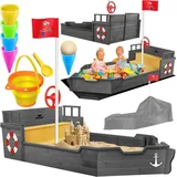 Kidiz KIDIZ® Sandkasten Ahoi - Piratenschiff Boot Segelschiff aus Holz Inkl. Abdeckung, Bodenplane, Sitzbank, Flaggenmast, Sandspielzeug Große Kinder Sandkiste für den Garten Outdoor Sandbox
