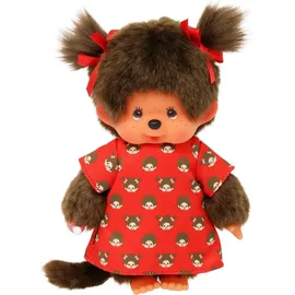 Magni Monchhichi Mädchen, mit Monchichikleid und Schleifen, ca. 20 cm großes Kuscheltier aus braunem Plüsch