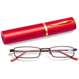 SEMINISMAR Lesebrille,Lesebrille Herren,Lesebrille Damen,Verstellbare Lesebrille,Lesebrille Lesehilfe Unisex LesegeräT Mit Brillenetui,Mini Schmal Lesebrille Federscharnier Metall Lesehilfe,Rot,+1.5