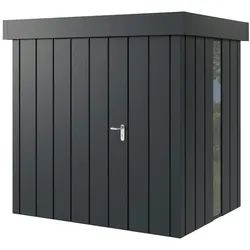 Hörmann Metall-Gerätehaus Juno JFD mit Flachdach B 214 x T 166 cm (JFD 4) mit bodentiefem Glaselement Motiv Modern (mit schmalen Lamellen) Einzeltür Türanschlag links Anthrazitgrau (RAL 7016)