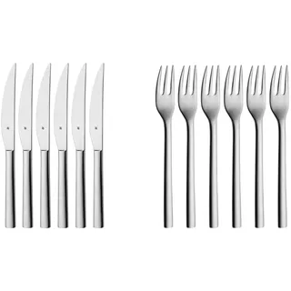 WMF Nuova Steakmesser Set 6-teilig 23 cm, Pizzabesteck, Cromargan Edelstahl poliert & Nuova Kuchengabel Set 6-teilig 16 cm, Cromargan Edelstahl poliert, glänzend, spülmaschinengeeignet