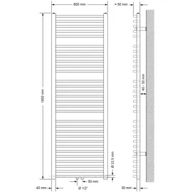 luxebath Badheizkörper 600 x 1800 mm 800 W weiß Mittelventil