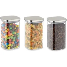 Relaxdays Vorratsgläser mit Deckel, 3er Set, 1200 ml, eckige Vorratsdosen, luftdichte Glasbehälter, transparent/silber