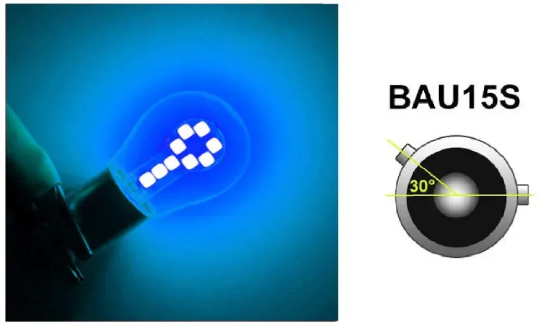 LED-Lampen, 18 SMD, asymmetrisch, versetzte Pins (150°), Offset, 1156, BAU15S, 12V, blaues Licht