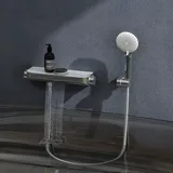 doporro Badewannenarmatur mit Handbrause, Wasserfall Wannenarmatur aus Messing mit 38° C Sicherheitssperre Silber