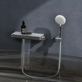 doporro Badewannenarmatur mit Handbrause, Wasserfall Wannenarmatur aus Messing mit 38° C Sicherheitssperre Silber