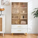 Merax Glasvitrine mit LED-Lichtern, Vitrinenschrank Weiß mit 2 Türen & 2 Schublade, Modern Bücherschrank mit verstellbaren Einlegeböden, Metallbeine, Sammlervitrine für Wohnzimmer Büro Esszimmer