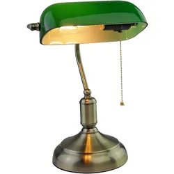 Bankerlampe Glas verstellbar Tischleuchte Retro grün Schreibtischleuchte Zugschalter, Metall, 1x E27 Fassung, LxBxH 26x18x36 cm