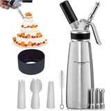 AUPERTO 500 ml Lebensmittelqualität Edelstahl Sahnespender - Silikon Anti-Rutsch Profi Sahnesyphon für Schlagsahne, Cremes und Soßen enthalten Verschiedene Aufsätzes