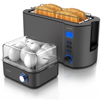 Arendo Frühstücks-Set (2-tlg), 4-Scheiben Langschlitz Toaster, 8er Eierkocher, Grau grau