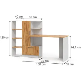 Vicco Schreibtisch Tomy, Weiß/Goldkraft Eiche, 150 x 59 cm 2er Set, Vicco