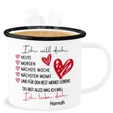 Emaille Becher Blechbecher - Valentinstag Partner Freund & Freundin - Ich liebe Dich Geschenk - 300 ml - Weiß Schwarz - liebeserklärung love tassen für paare name tasse valentinstaggeschenk i you