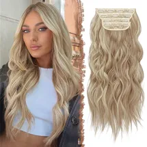 FESHFEN Clip in Extensions, 4PCS Haarverlängerungen mit Clips Synthetik Gewellte Haarextension Karamellbraun Gemischt Beige Blond Wavy Wellig Haar Extensions Clip in Haarteil für Frauen 50 cm