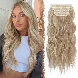 FESHFEN Clip in Extensions, 4PCS Haarverlängerungen mit Clips Synthetik Gewellte Haarextension Karamellbraun Gemischt Beige Blond Wavy Wellig Haar Extensions Clip in Haarteil für Frauen 50 cm