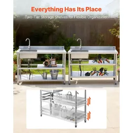 Vevor Spültisch Spülbecken Edelstahl (120 x 50 x 94 cm), Einzelbecken mit Wasserhahn & 2 Ablagefächern, Küchenspüle für Garage Restaurant, Waschtisch Außenspüle mit Arbeitsplatte (recht)