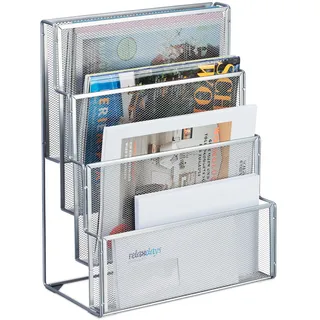 Relaxdays Zeitschriftenhalter Metall, 4 Fächer, Dokumentenablage Büro, HBT: 43x33x18 cm, Magazinhalter, Briefe, Silber,