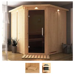 Sauna KARIBU "Jarin", beige (naturbelassen), ohne Ofen, (ohne Ofen), Saunen, ohne Ofen