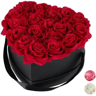 Relaxdays Rosenbox Herz, 18 Rosen, stabile Flowerbox schwarz, 10 Jahre haltbar, Geschenkidee, dekorative Blumenbox, rot, 13 cm