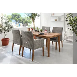 Ploß Borneo/Kota Garten-Essgruppe, natur/grau-meliert, Akazie/Alu/Polyrattan, 180x90cm, 4 Landhaussessel, FSC-Akazie