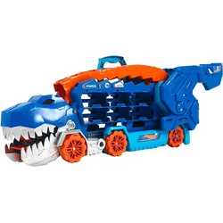 Der Hot Wheels City Ultimative Transporter verwandelt sich in einen T-Rex mit Rennstrecke, Aufbewahrung von mehr als 20 Autos