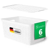 Novaliv 6er Set Aufbewahrungsboxen mit Deckel Groß 14L Korb Weiß in Rattan Design Lebensmittelecht Aufbewahrungskorb Stapelboxen Nestbar Kunststoff