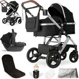 Bergsteiger Nizza 3 in 1 Kinderwagen, Kombikinderwagen Komplettset, Babywanne & Buggy Sportsitz inklusive, Auto-Babyschale & Isofix Station optional - Schwarz