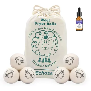 Trocknerbälle für Wäschetrockner, Natürliche Weichspülern aus 100% neuseeländischer Premium Schafwolle Reduzieren Trocknungszyklus und Falten Reduzieren,6er Pack mit 1 ätherischen Ölen
