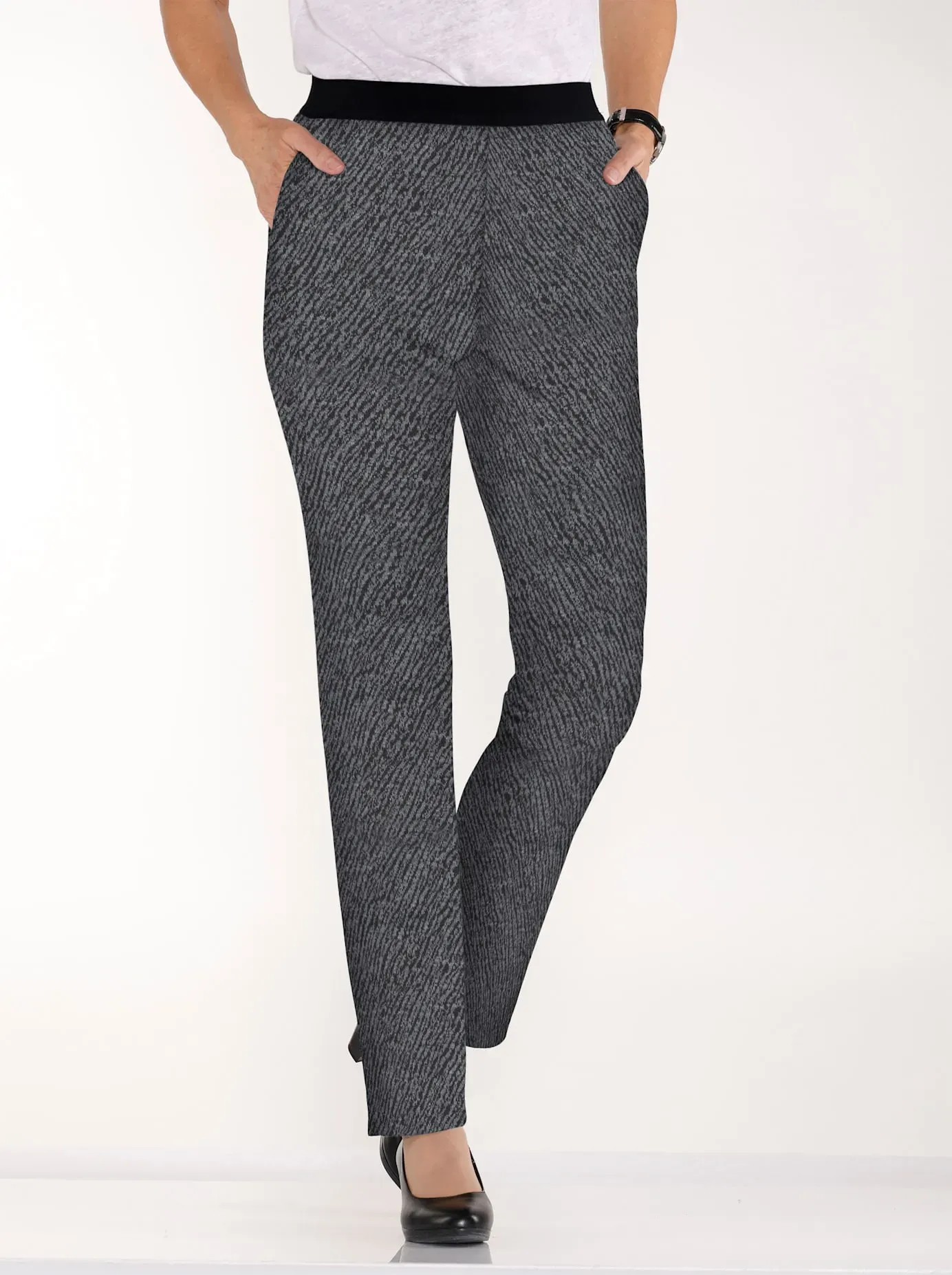 Schlupfhose CLASSIC BASICS, Damen, Gr. 38, Normalgrößen, grau (schwarz, grau, meliert), 97% Polyester, 3% Elasthan, gemustert, lang, Hosen Schlupfhose