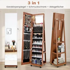 Costway Schmuckschrank mit Rollen, Spiegelschrank abschließbar mit LED-Leuchten & verstellbaren Ablagen, Standspiegel Schmuckregal Ganzkörperspie... - Braun
