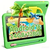 Kinder-Tablet 7 Zoll, 24 GB (2+21 erweiterbar) RAM 128 GB ROM, Android 16, WiFi Bluetooth, Lernsoftware installiert, mit stoßfester Hülle - Grün