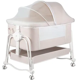 suihuooo 4 In 1 Beistellbett Baby, Next to Me Babybett, Reisebett Baby mit Matratze, Beistellbett 7 Fach höhenverstellbar mit Aufbewahrungskorb, Tragbarer Stubenwagen mit Rollen, Moskitonetz