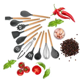Elegantes 12-tlg. Küchenhelfer Set aus Silikon mit Holzgriff: Stilvolle Kochutensilien für jede Küche, Praktisch, hochwertig & ein echter Blickfang