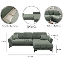 Stella Trading BERN Ecksofa mit Schlaffunktion in Olive - Moderne Eckcouch in L-Form mit Bettkasten - 281 x 189 cm (B/H/T)