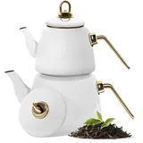 Homelux Teekanne Set, Wasserkessel Induktion Teekocher aus Emaille, Induktionsgeeignet, 2L+1L, Türkische teekanne, Caydanlik,Weiß