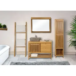 Mendler Teak-Badezimmer-Set HWC-M70, Waschtisch Hochschrank Wandspiegel Handtuchhalter Waschbecken, hochwertiges B-Grade-Teak