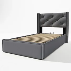 XDOVET Bett,Hydraulisch Einzelbett Polsterbett 90x200cm,Bett mit Lattenrost aus Metallrahmen, Modernes Bettgestell mit Stauraum, Baumwolle, Grau - Grau