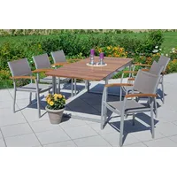 Merxx Garten-Essgruppe »Naxos«, (7 tlg., 6x Stapelsessel, 1x Ausziehtisch 150(200)x90 cm), Aluminium, Textilbespannung aus 100 % Polyester, Akazienholz, braun