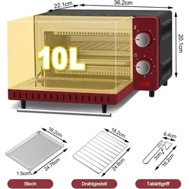 Woltu Minibackofen 10 Liter, 650 Watt Toasterofen, Kleiner elektrischer Backofen, 100-230 °C, 60 Min, Ober- und Unterhitze, mit Backblech Grillrost Entnahmegriff, Rot+Schwarz