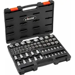 VIGOR T+ Steckschlüsseleinsatz Satz, V7920N, 1/4 Zoll (6,3 mm) Vierkant, 3/8 Zoll (10 mm) Vierkant, 1/2 Zoll (12,5 mm) Vierkant, E+ Profil, T+ Profil, Innen 5-Stern Profil mit Zapfen, E Profil, T Profil, TH Profil, 60-teilig