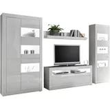 furn.design Wohnwand, Weiß, Weiß Hochglanz, Grau, Holzwerkstoff, Nachbildung, Uni, 7 Fächer, 2 Schubladen, 336x198x42 cm, Wohnzimmer, Wohnwände, Wohnwand-Sets