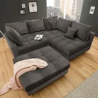 Riess-Ambiente Moderne Wohnlandschaft KENT 220cm grau Samt Ecksofa Federkern inkl. Hocker und Kissen