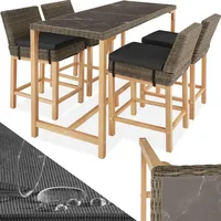 tectake® Rattan Bartisch mit Barhocker Set, Outdoor Balkon Möbel, Gartenmöbel Set mit Stehtisch und 4X Barstuhl mit Lehne, Theke in Marmor Optik, für Garten, Terrasse, Balkon - Natur