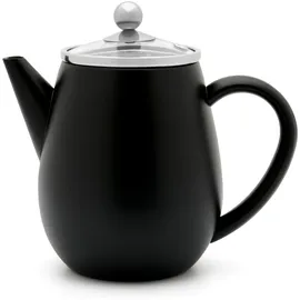 Bredemeijer Doppelwandige Teekanne 0.5 Liter - kleine isolierende Edelstahlkanne schwarz mit Glasdeckel & Tee-Filter Sieb-Einsatz - ideal für lose Teesorten