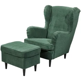 Möbel Boss Ohrensessel OSKAR Cord 78 x 102 x 98 cm Dunkelgrün