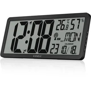 Kienzle Digitale Funkwanduhr XXL mit Temperaturanzeige, Luftfeuchtigkeit, Weckfunktion, Datum, 12/24h-Format, batteriebetrieben, Silber