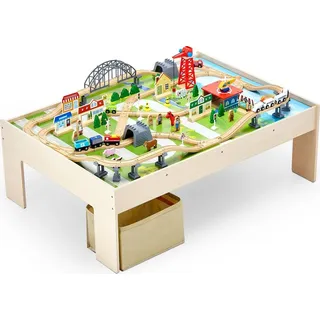 Vevor Holz Aktivitätstisch, 120-teilig, mit zusammenklappbarem Aufbewahrungsbehälter, 3-in-1-Eisenbahn-Set zum Spielen, Malen, Lesen, Essen, kreatives Spielzeug-Set für Kinder ab 3 Jahren