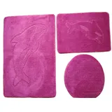 Ilkadim Delphin Badgarnitur 3 TLG. Set 55x85 cm einfarbig, WC Vorleger ohne Ausschnitt für Hänge-WC (pink)