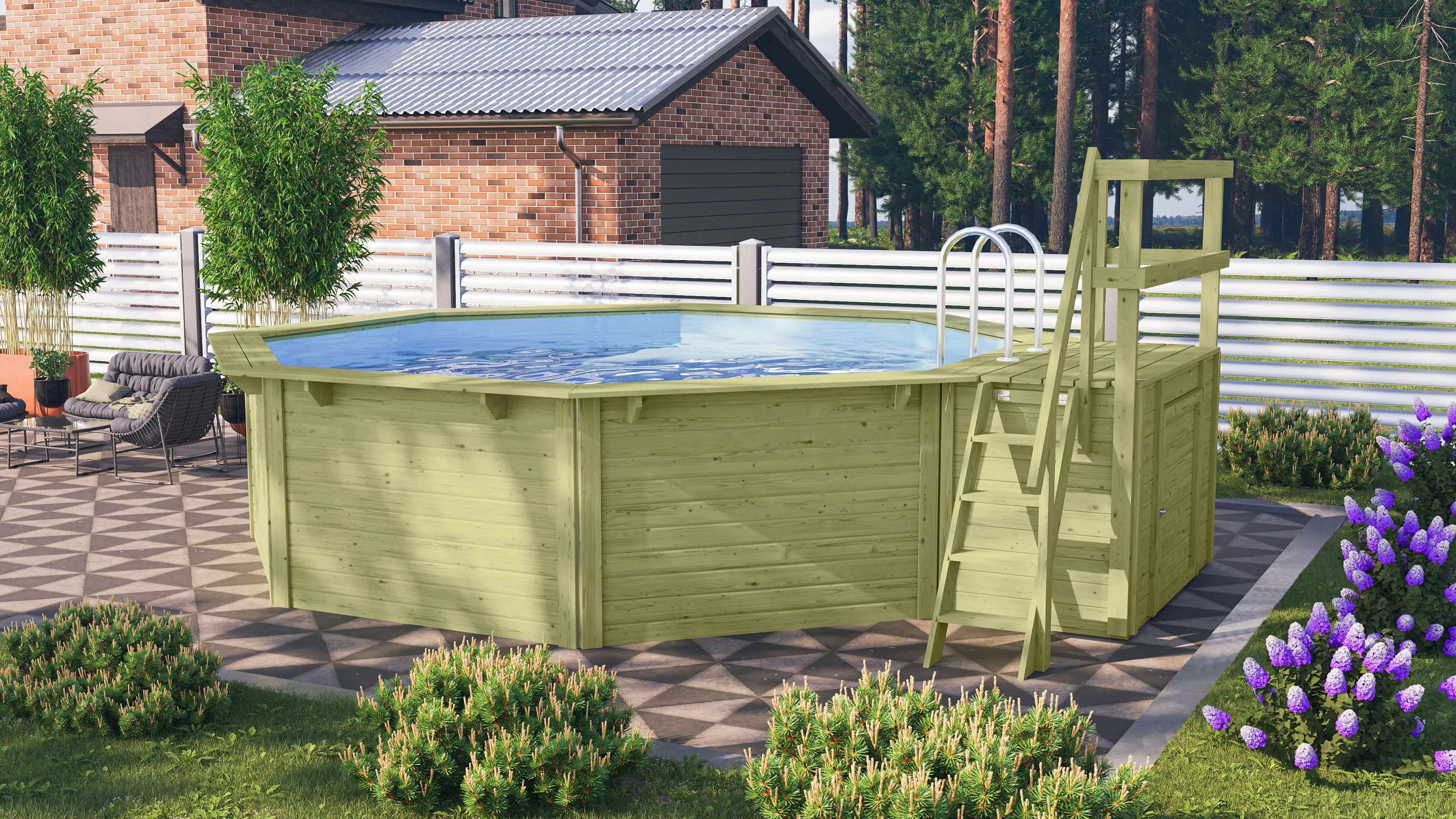 Karibu Achteckpool »Rimini 2X mit Sonnendeck«, (Set, 7 tlg.), BxLxH: 550x470x121 cm Karibu braun B/H/L: Breite 550 cm x Höhe 121 cm x Länge 470 cm