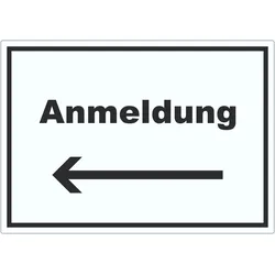Anmeldung Aufkleber mit Text und Richtungspfeil links Aufnahme waagerecht A2 (420x594mm)